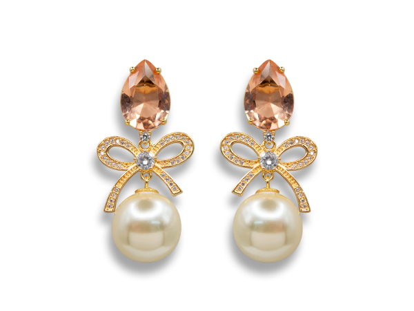 BB 3384 Brinco Gota Champagne + Laço Cravejado Com Pérola 14mm BRUNA Semijoias