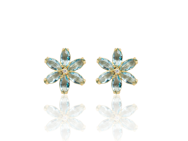 BB 3354 Brinco Flor 6 Cristais Azul 1,3cm BRUNA Semijoias