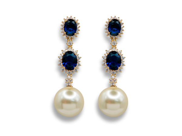 BB 3383 Brinco Duas Zircônias Oval Azul Cravejada(9/13mm) Com Pérola 14mm Pendurada BRUNA Semi Jóias