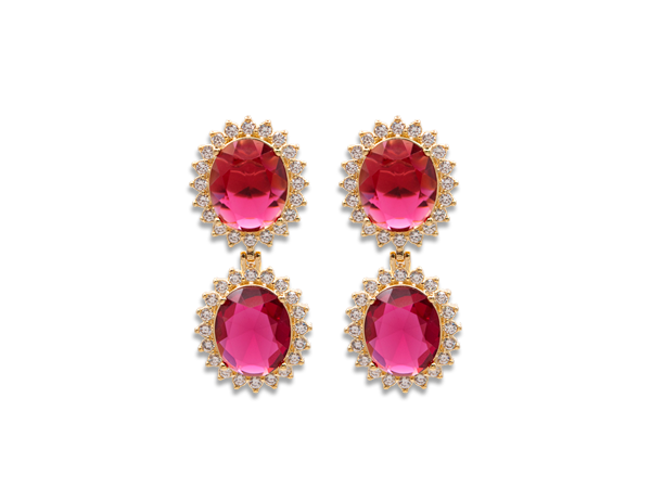 BB 3401 Brinco Zircônia Oval Fúcsia Fixa+Pendurada 18mm c/ Zircônias Cristal BRUNA Semijóias