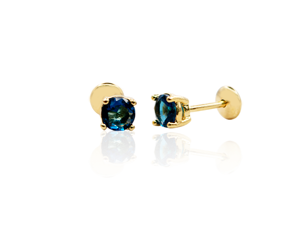 BB 3391 Brinco Infantil Solitário Zircônia Azul Escuro 4mm Tarraxa Baby BRUNA Semijóias