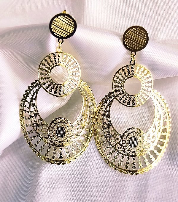 BV 4261 Maxi Brinco Rendado Diamantado (6cm) Yellow Semijóias