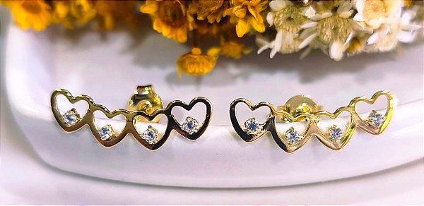 BV 4252 Brinco Corações Vazados c/ Cristal (2cm)Yellow Semijóias