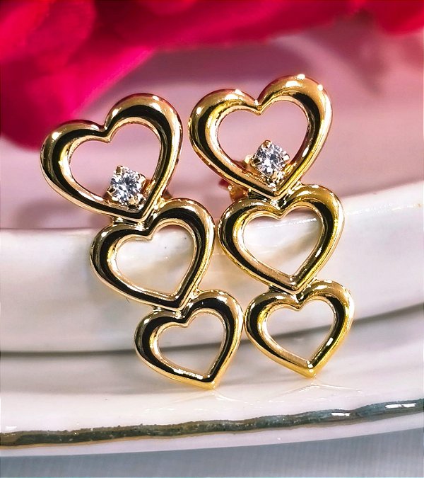 BV 4251 Brinco 3 Corações Vazados Liso (2cm) Yellow Semijóias