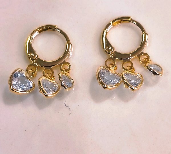 BV 4253 Brinco Argolinha Lisa c/ Corações Cristal Pendurado Yellow Semijóias