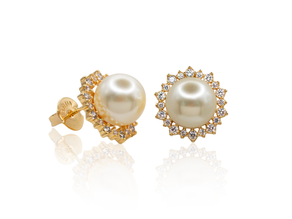 BB 3351 Brinco Flor Pérola(12mm) c/ Zircônias BRUNA Semijóias