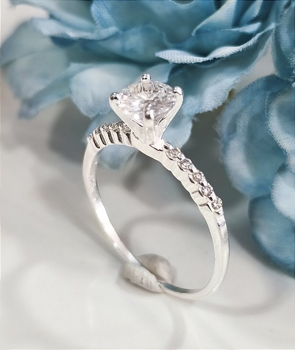 AQP1938 Anel Prata Solitário 6mm Cravejado Zirconia QUALITÁ Semijoias