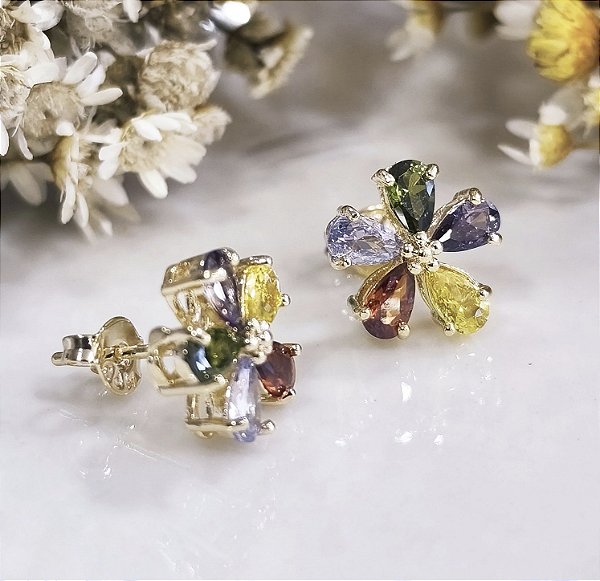 BF 0227 Brinco Flor Zircônias Coloridas (1cm) MD Folheados