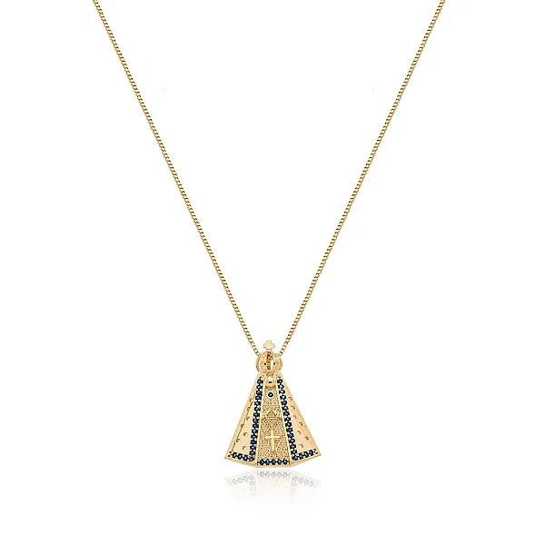GF 0646G Gargantilha Veneziana 45CM Com Nossa Senhora Aparecida Com Zirconia Azul 2,6CM MD Folheados