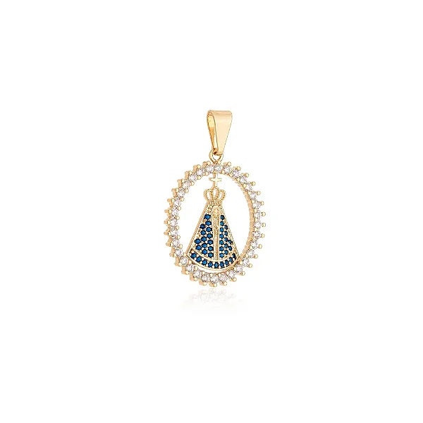 MF 0509 Medalha Oval Cravejada na Volta Com Nossa Senhora Aparecida Manto Azul 2,5CM MD Folheados