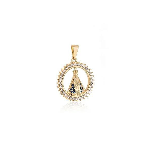MF 0509 Medalha Redondo Cravejada na Volta Com Nossa Senhora Aparecida Manto Azul 2CM MD Folheados