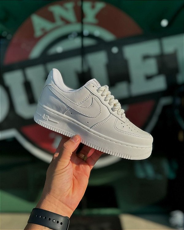 Tênis Nike Air Force 1 Branco Couro Cadarço Grosso Prem