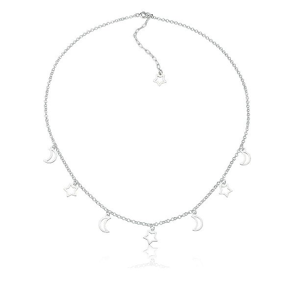 COLAR CHOKER DE PRATA LUA E ESTRELAS VAZADAS