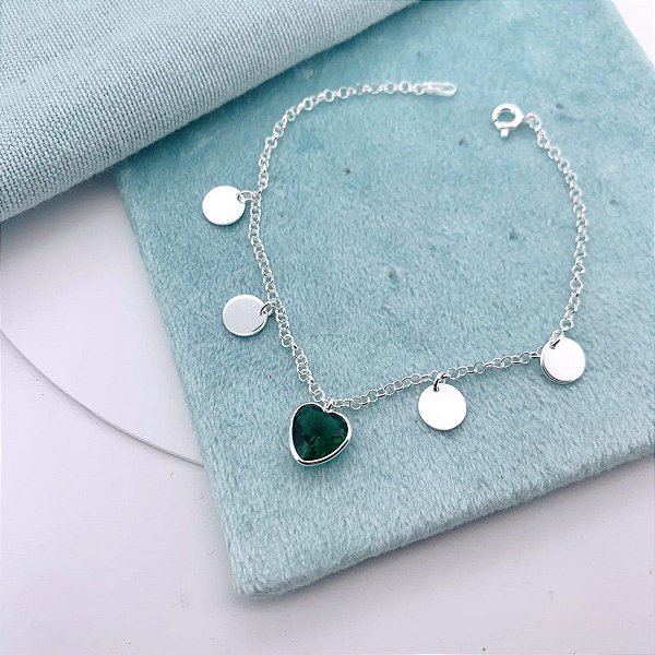 PULSEIRA DE PRATA 4 MEDALHAS E PEDRA CORACAO NO MEIO ESMERALDA