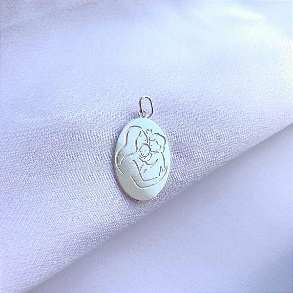 PINGENTE DE PRATA MEDALHA MÃE DOIS FILHOS