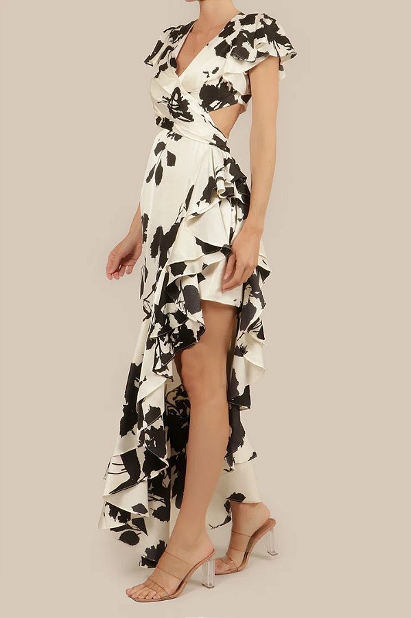 Vestido Longo Floral com Fenda e Babados