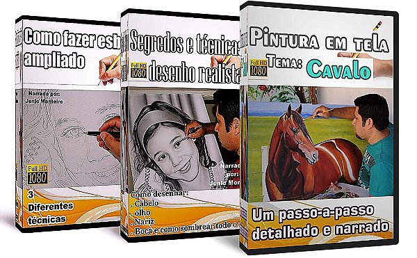 KIT CURSOS EM DVD. COMO FAZER ESBOÇO AMPLIADO, SEGREDOS E TÉCNICAS DO DESENHO REALISTA E PINTURA EM TELA TEMA: CAVALO