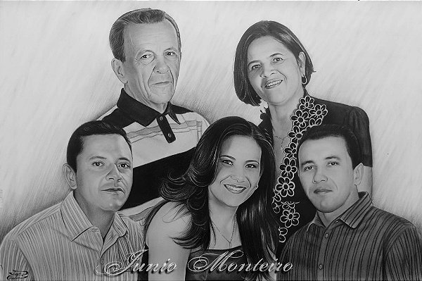 A SUA ENCOMENDA DE RETRATO REALISTA A LÁPIS, COM CINCO PESSOAS NO QUADRO, TAMANHO 66/96 cm.
