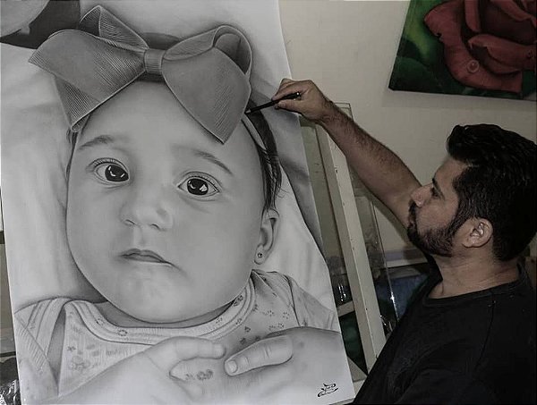 A SUA ENCOMENDA DE RETRATO REALISTA A LÁPIS, COM UMA PESSOA NO QUADRO, TAMANHO 66/96 cm.