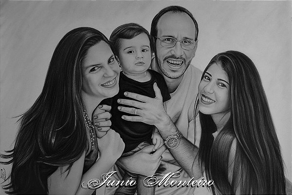 A SUA ENCOMENDA DE RETRATO REALISTA A LÁPIS, COM QUATRO PESSOAS NO QUADRO, TAMANHO 66/96 cm.
