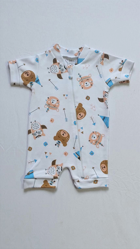 Macaquinho Urso Índio - Branco - Suedine 100% Algodão - Bebê Menino
