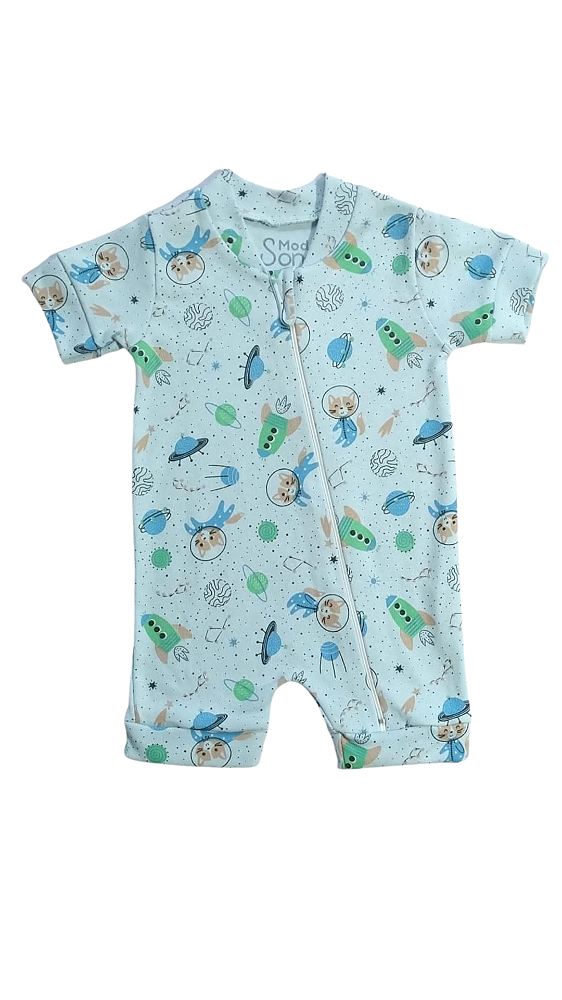 Macaquinho Cat  Astronauta - Azul - Suedine 100% Algodão - Bebê Menino
