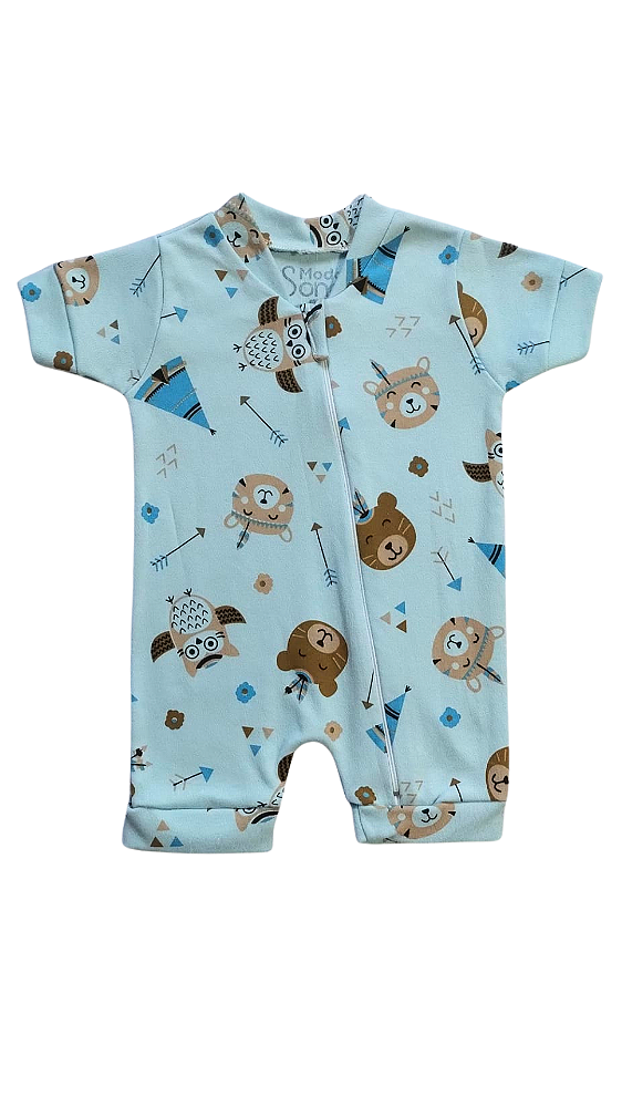 Macaquinho Urso Índio - Azul - Suedine 100% Algodão - Bebê Menino
