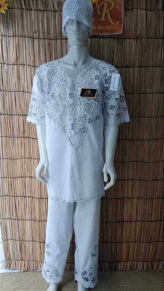 Conjunto Masculino Rechilieu branco  e fio prata 3 peças
