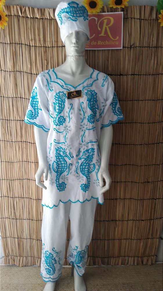 conjunto Masculino  ponto cheio azul e fio prata 3 peças simbolo cavalo Marinho