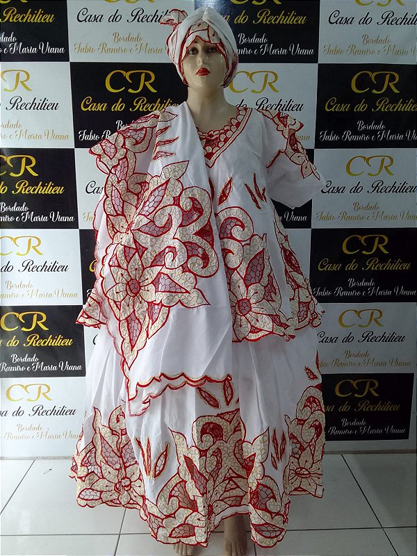 Baiana Rechilieu Vermelho e fio dourado    6 peças