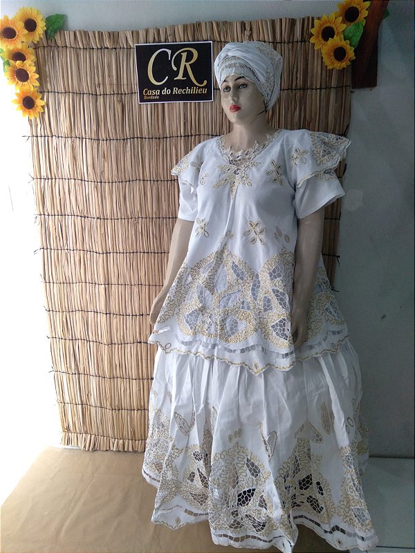 Baiana Rechilieu Branca  e fio Dourado  6 peças