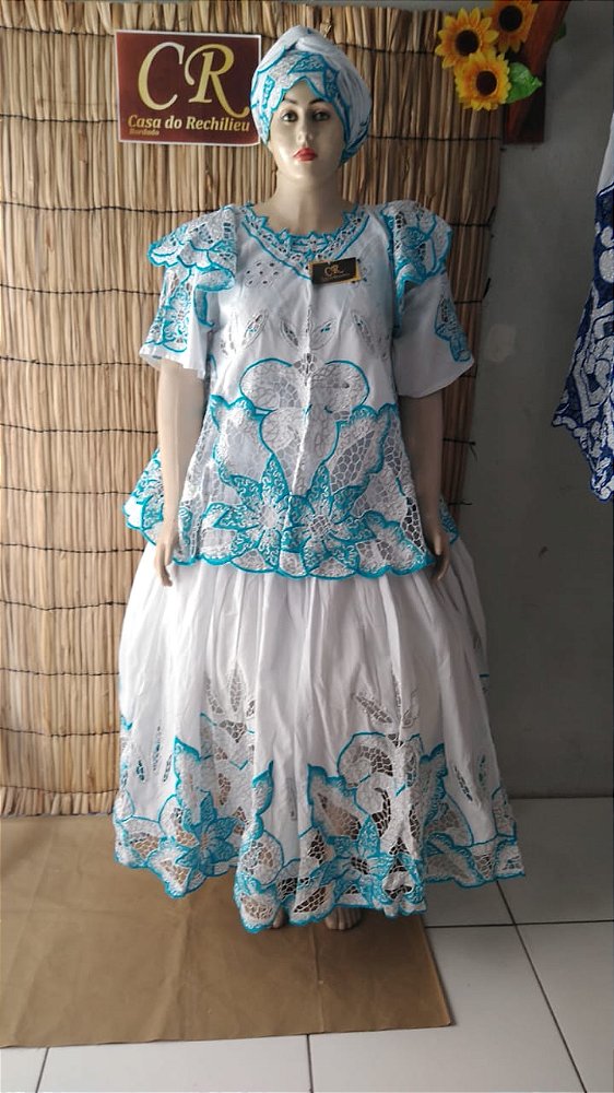 Baiana Rechilieu Azul e fio prata com pintura azul 6 peças