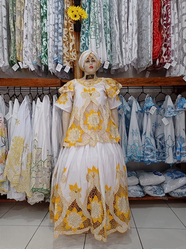 Baiana Rechilieu Amarelo e fio dourado com pintura amarelo 6 peças