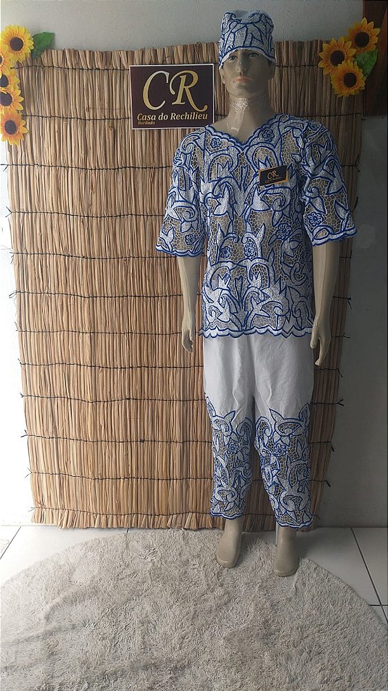 Conjunto Masculino Rechilieu azul e fio Prata   3 peças