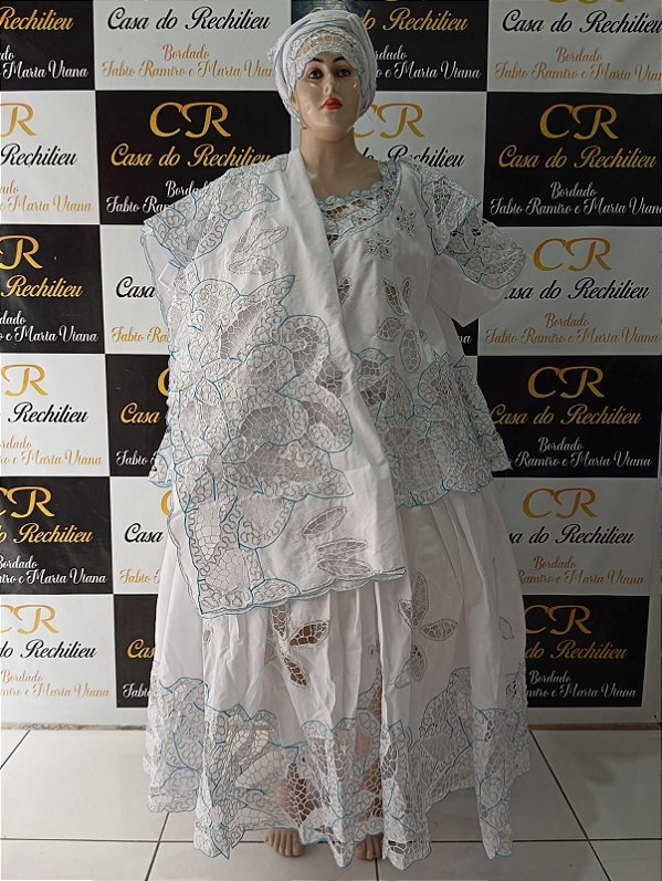 Baiana bordado branco com fio prata 6peças