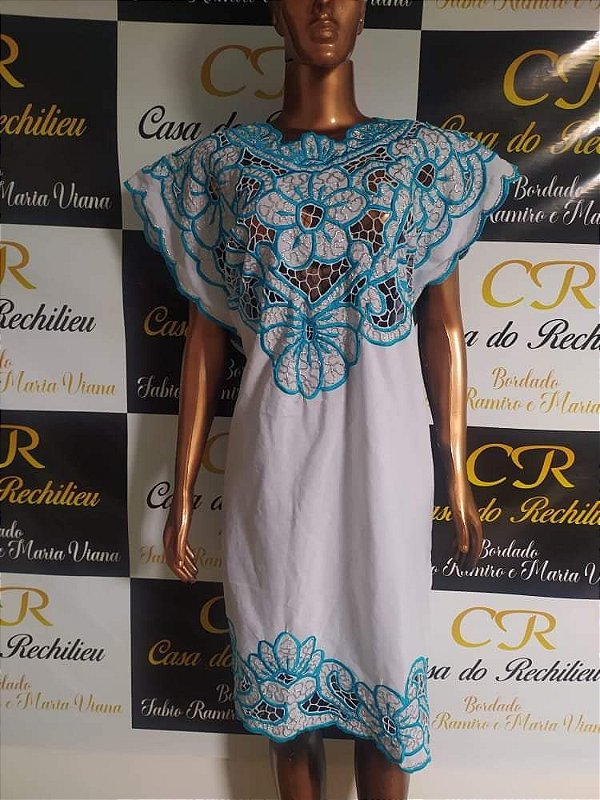 Vestido bordado azul com fio prata  peça unica