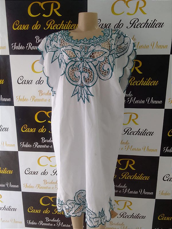 Vestido bordado azul com fio prata  peça unica