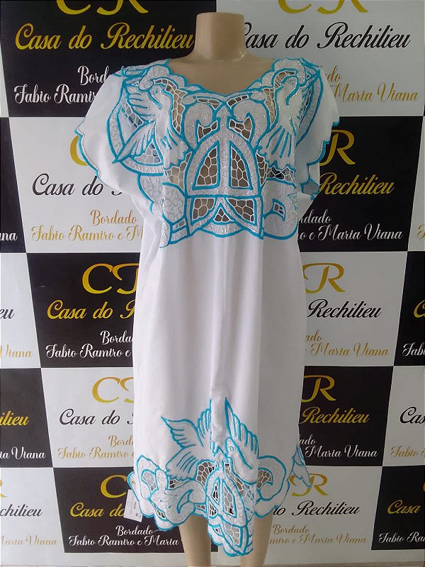 Vestido bordado azul com fio prata  peça unica