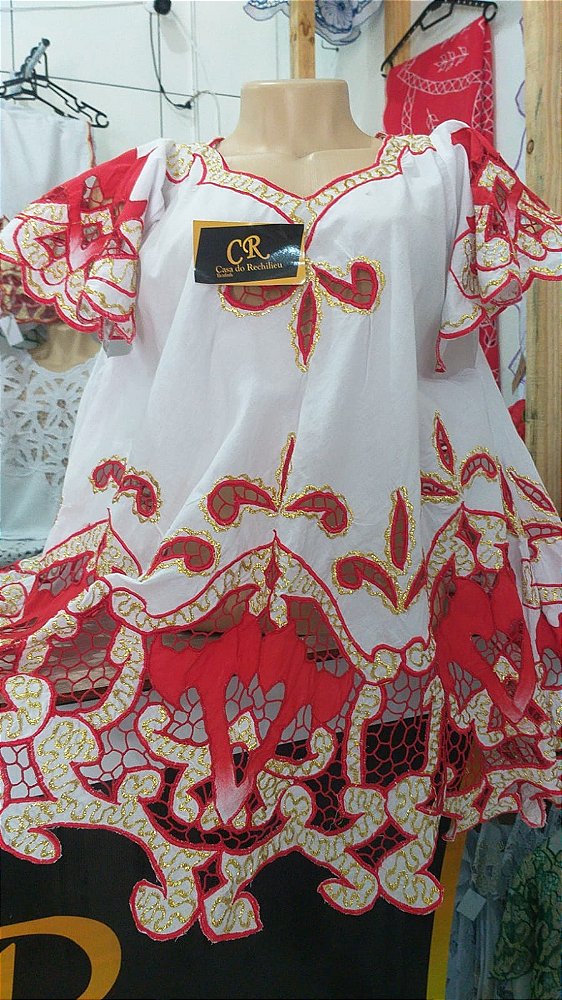 Bata bordado bordado vermelho com pintura e fio dourado