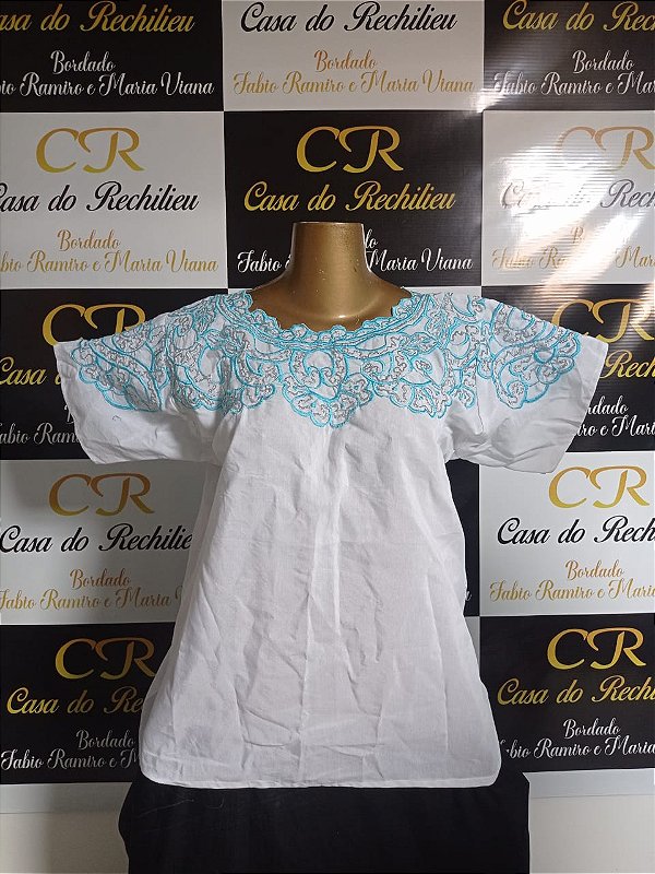 camisu bordado azul om fio prata