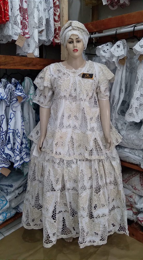 Baiana bordado  branca com fio dourado 6peças