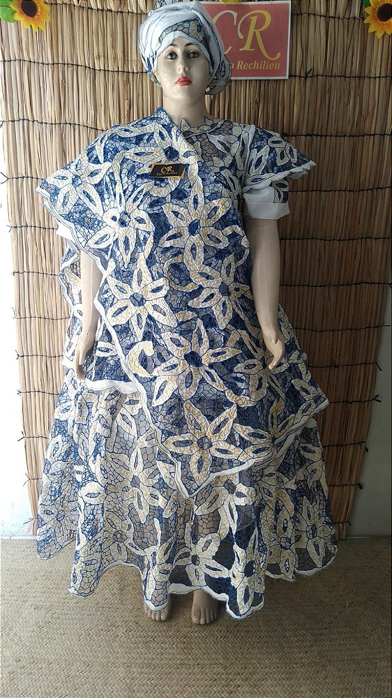 Baiana bordado azul com fio dourado 6peças