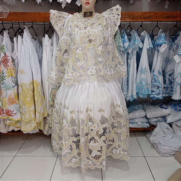 Baiana bordado branco com fio dourado 6peças