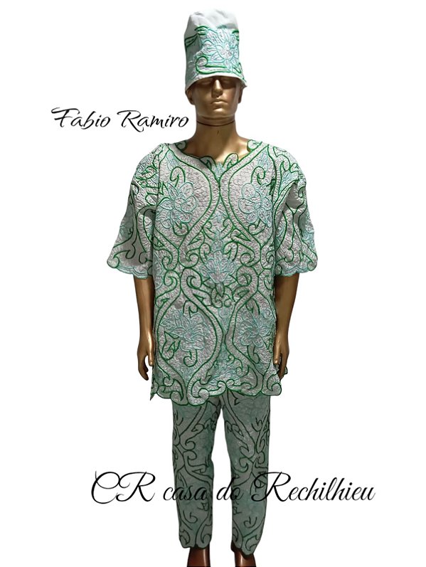 Conjunto Masculino bordado verde  com fio prata 3 peças