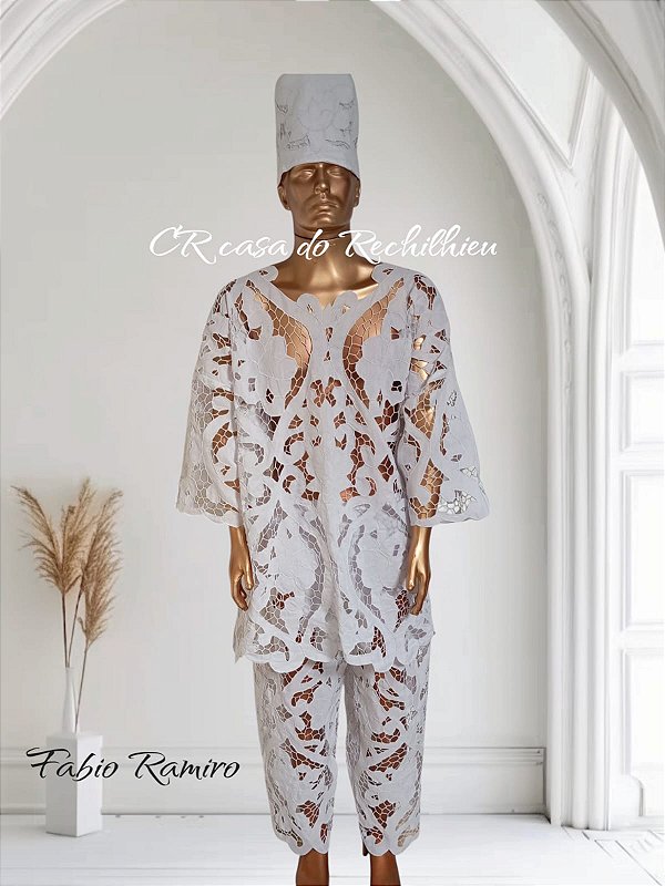 Conjunto Masculino bordado branco 3 peças