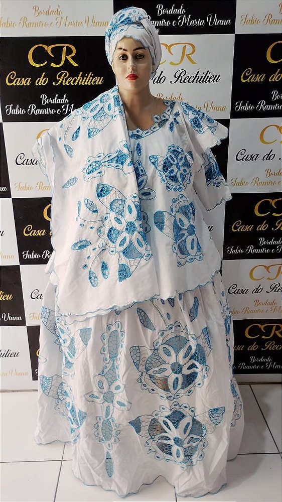 Baiana 6 pecas azul e fio prata