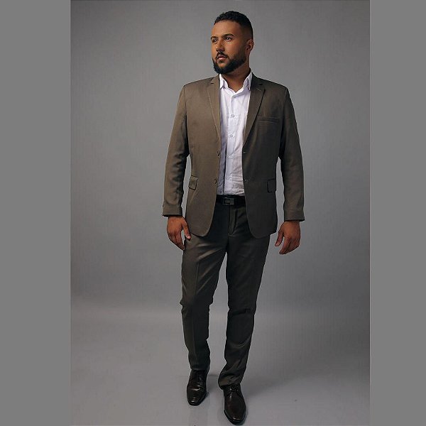 Terno/Costume Slim Fit Microfibra com Detalhe - Marrom Caqui