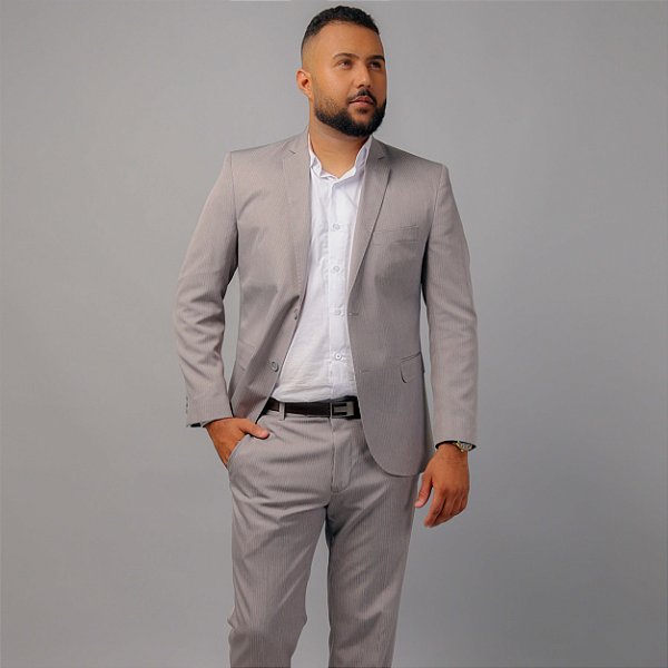 Terno/Costume Slim Fit Microfibra - Bege Com Riscas