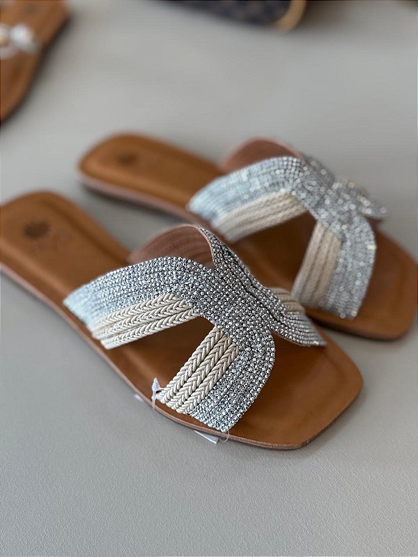 Rasteira Prata strass couro
