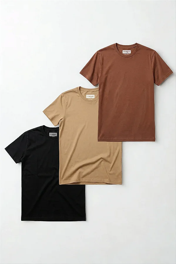 Kit 3 Camisetas Magun Toque Macio - Marrom, Areia e Preto